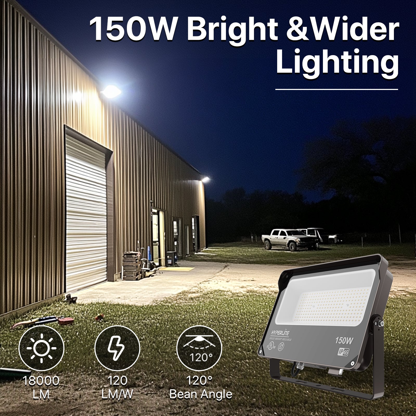Hyperlite 150W LED Flood Light illuminating a building at night