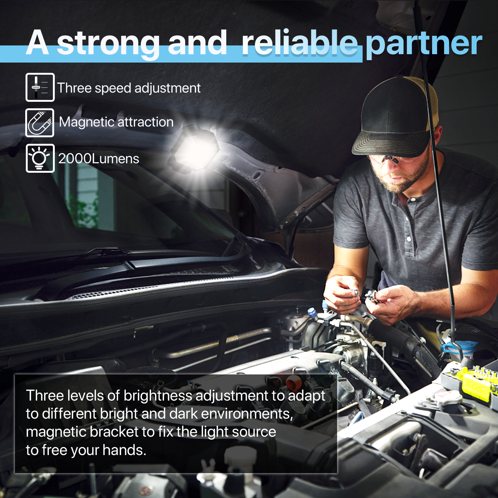 Man repairing car with Hyperlite rechargeable work light