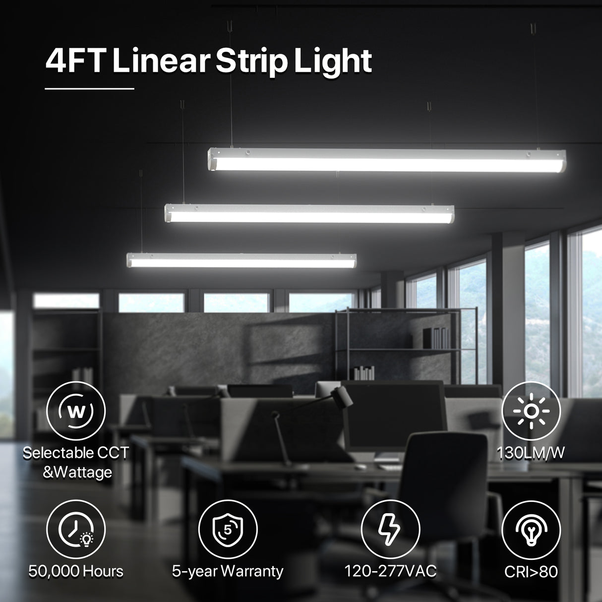 4FT LED Linear Strip Light Fixture with features and office setting