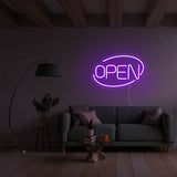 purple Open Neon Sign Light in dark