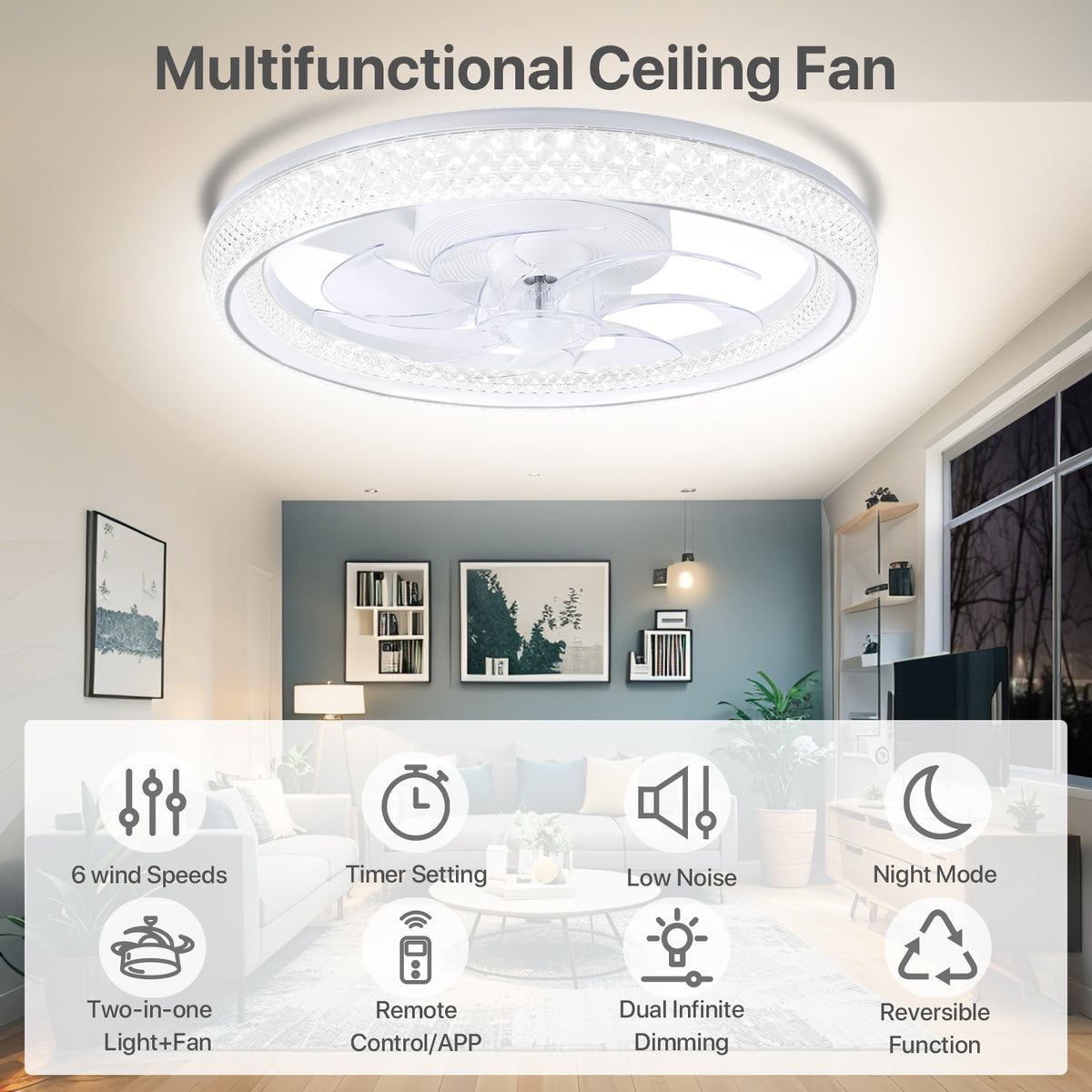 20" Flush-Mount Bladeless Ceiling Fan – Remote, Stepless Dimming 3000K-6500K, 6 Speeds, Modern.