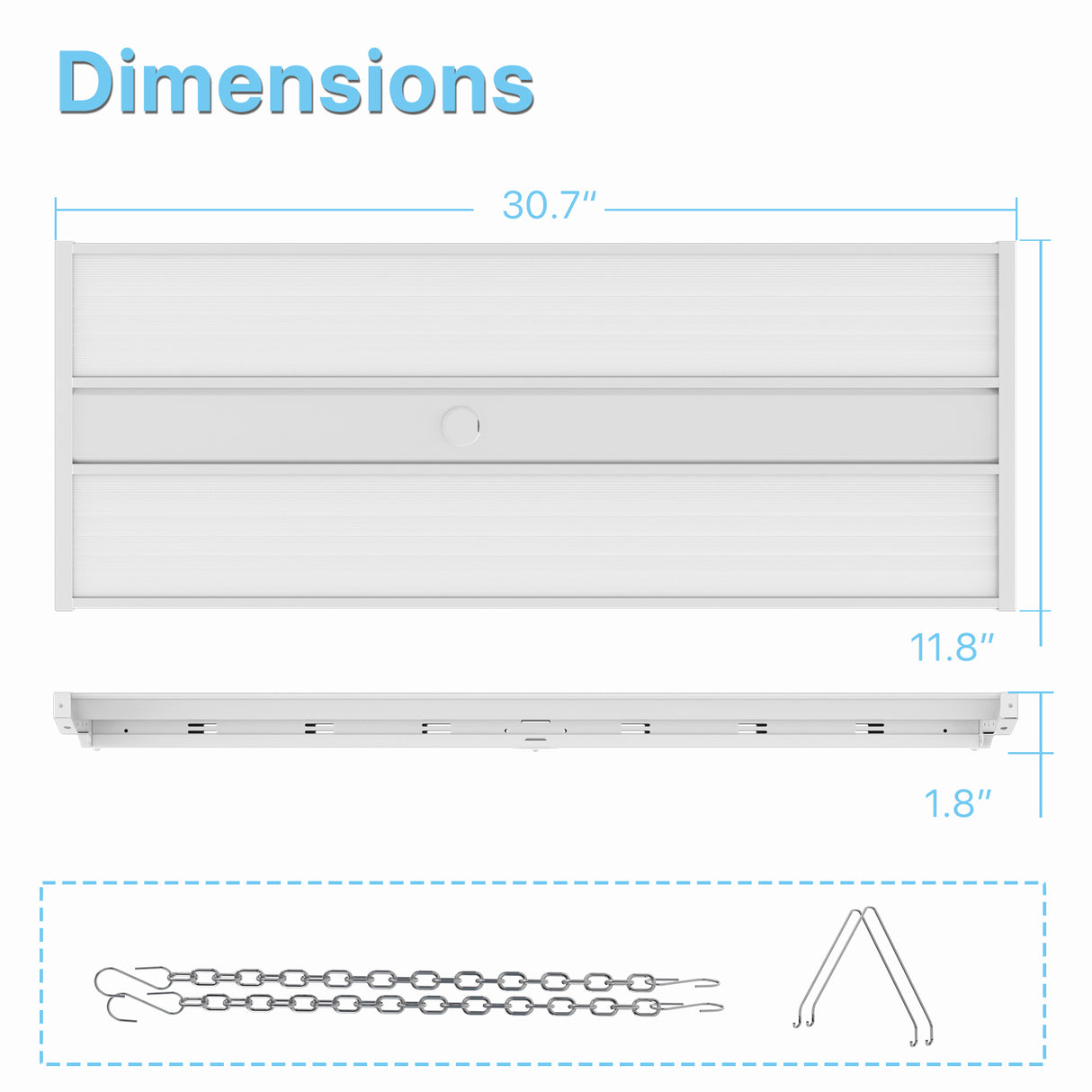 Dimensions of 300W Ray series linear high bay light.