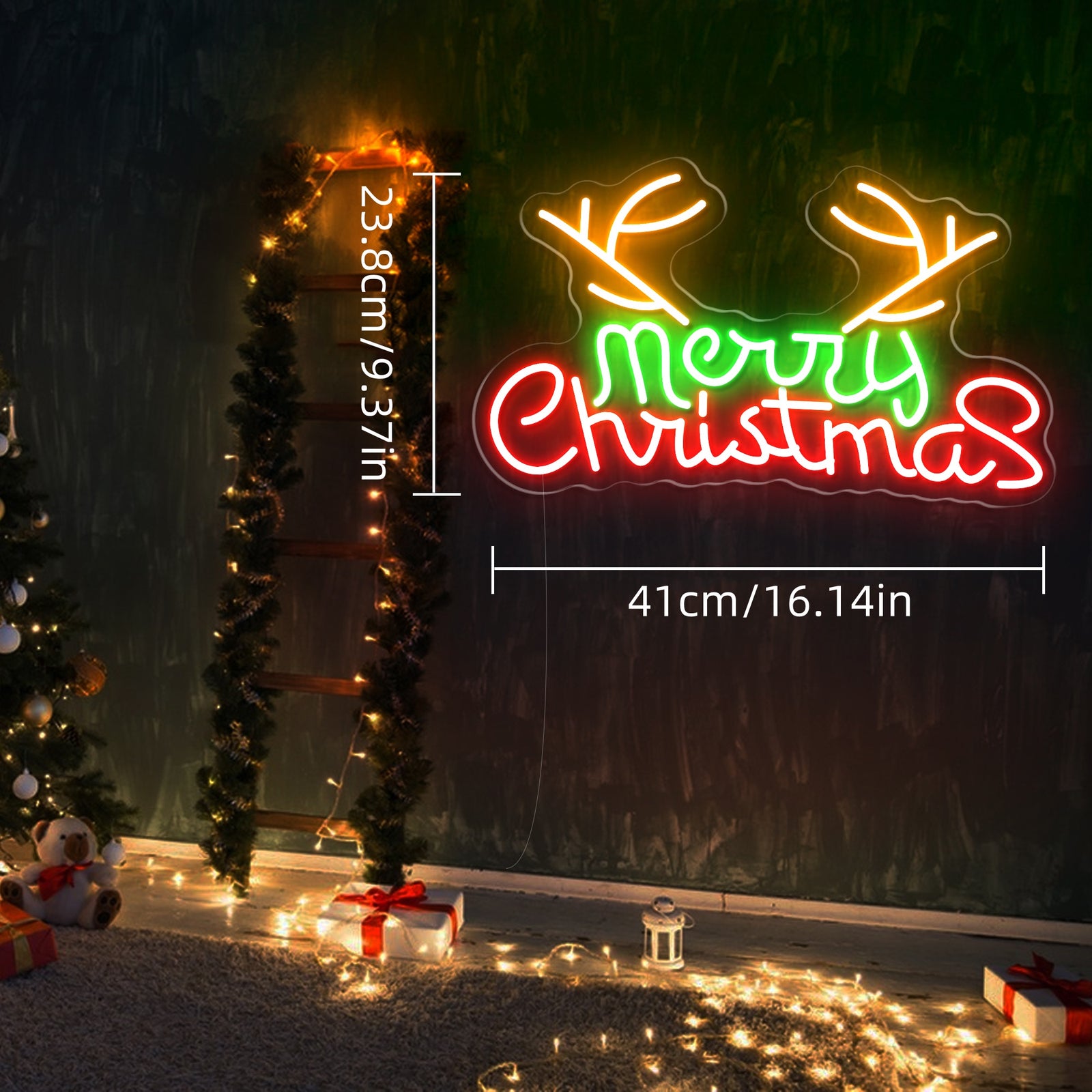 Merry Christmas LED neon sign with reindeer antlers, 41cm wide