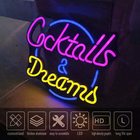 Vibrant "Cocktail & Dreams" neon lights, perfect for parties.