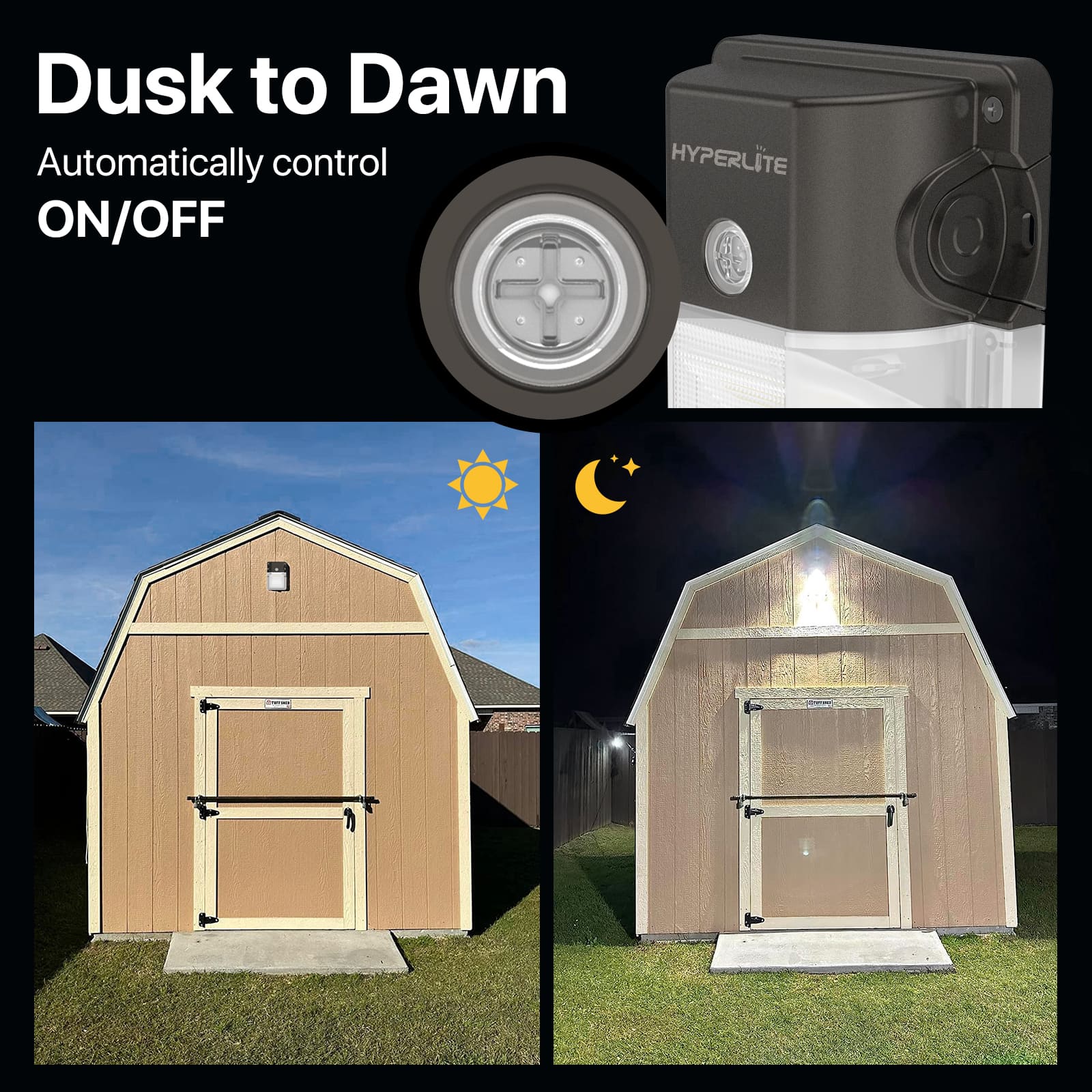 Hyperlite LED wall pack with dusk to dawn photocell, automatically ON/OFF.