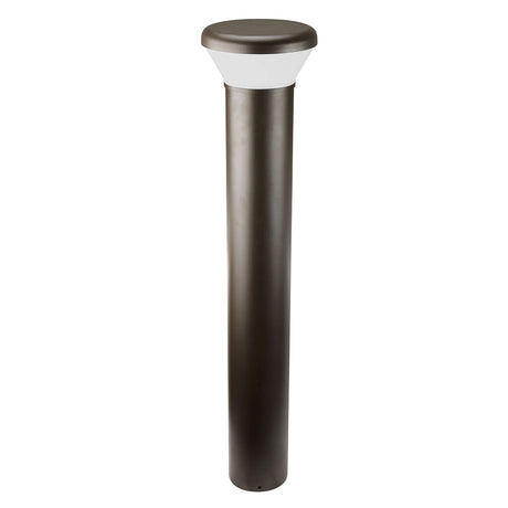 Close-up view of a textured black bollard light head, showcasing its minimalist design and warm LED light.