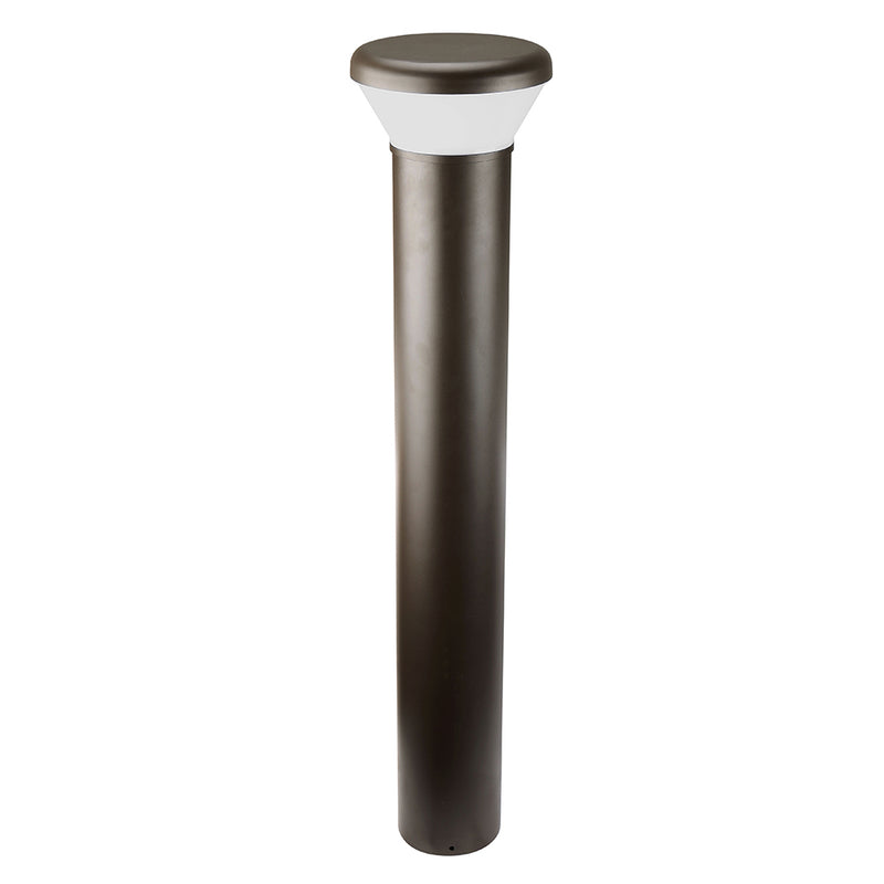 Close-up view of a textured black bollard light head, showcasing its minimalist design and warm LED light.