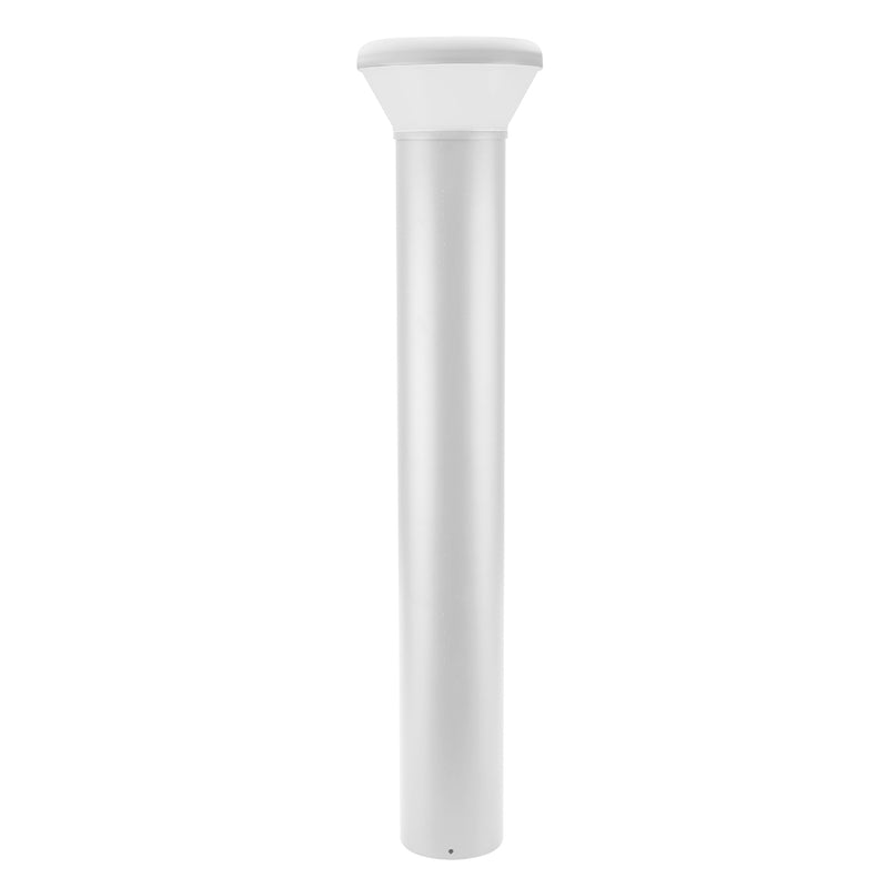 A modern white bollard light with a sleek, cylindrical design, illuminating a garden path at dusk.