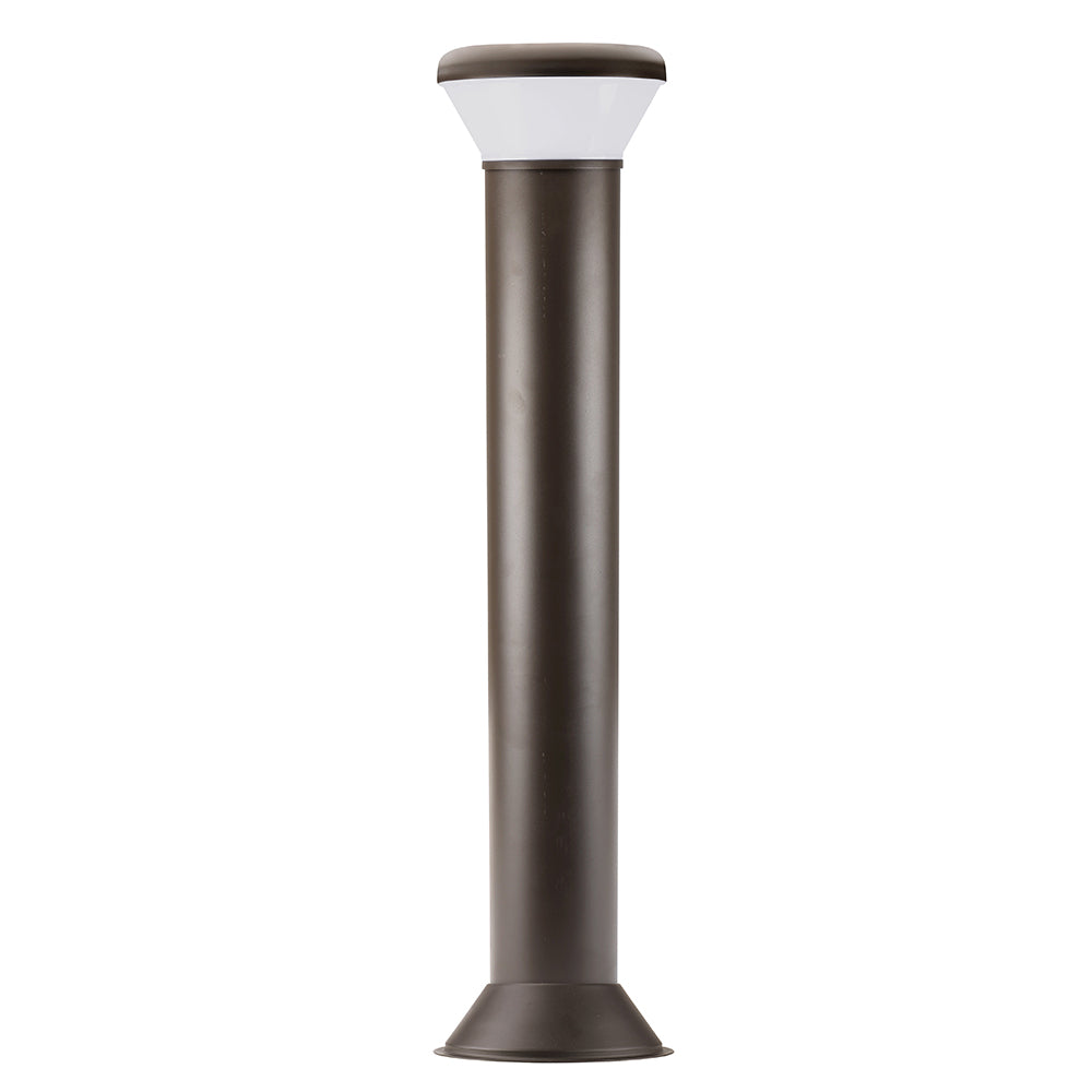 Contemporary black matte bollard light standing beside a set of outdoor steps for safe navigation.