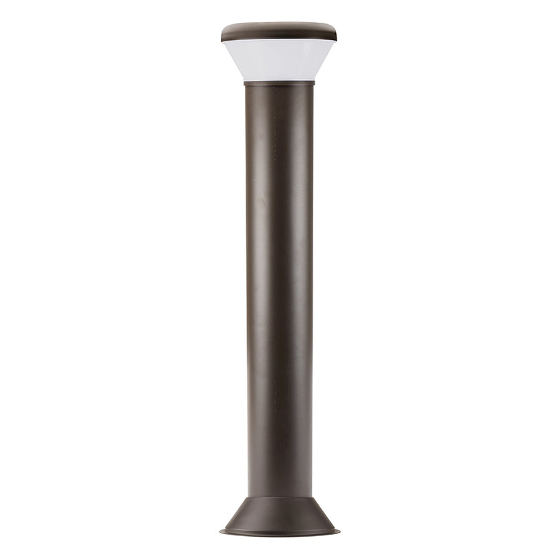 Contemporary black matte bollard light standing beside a set of outdoor steps for safe navigation.