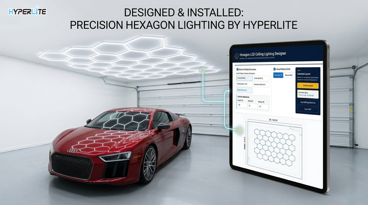 A red sports car in a white garage with a glowing hexagonal ceiling light system, alongside a large tablet displaying the Hyperlite lighting designer interface. Text at the top reads 'DESIGNED & INSTALLED: PRECISION HEXAGON LIGHTING BY HYPERLITE'.