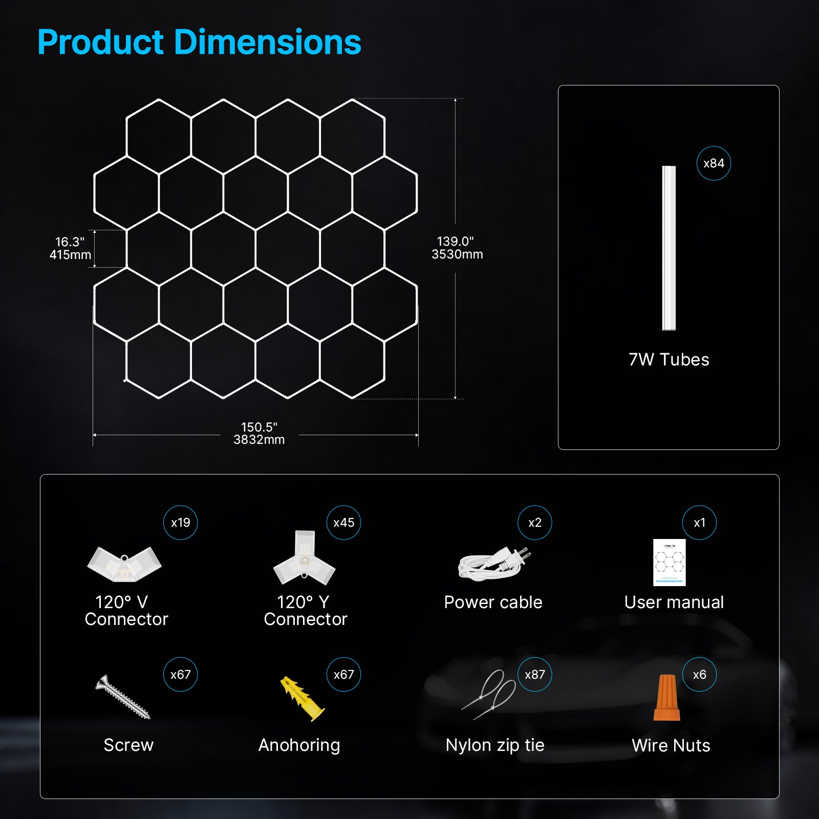 Hyperlite Hexagon Garage Lights Gen 2 - 22 Grid (12.5 x 11.6 ft)