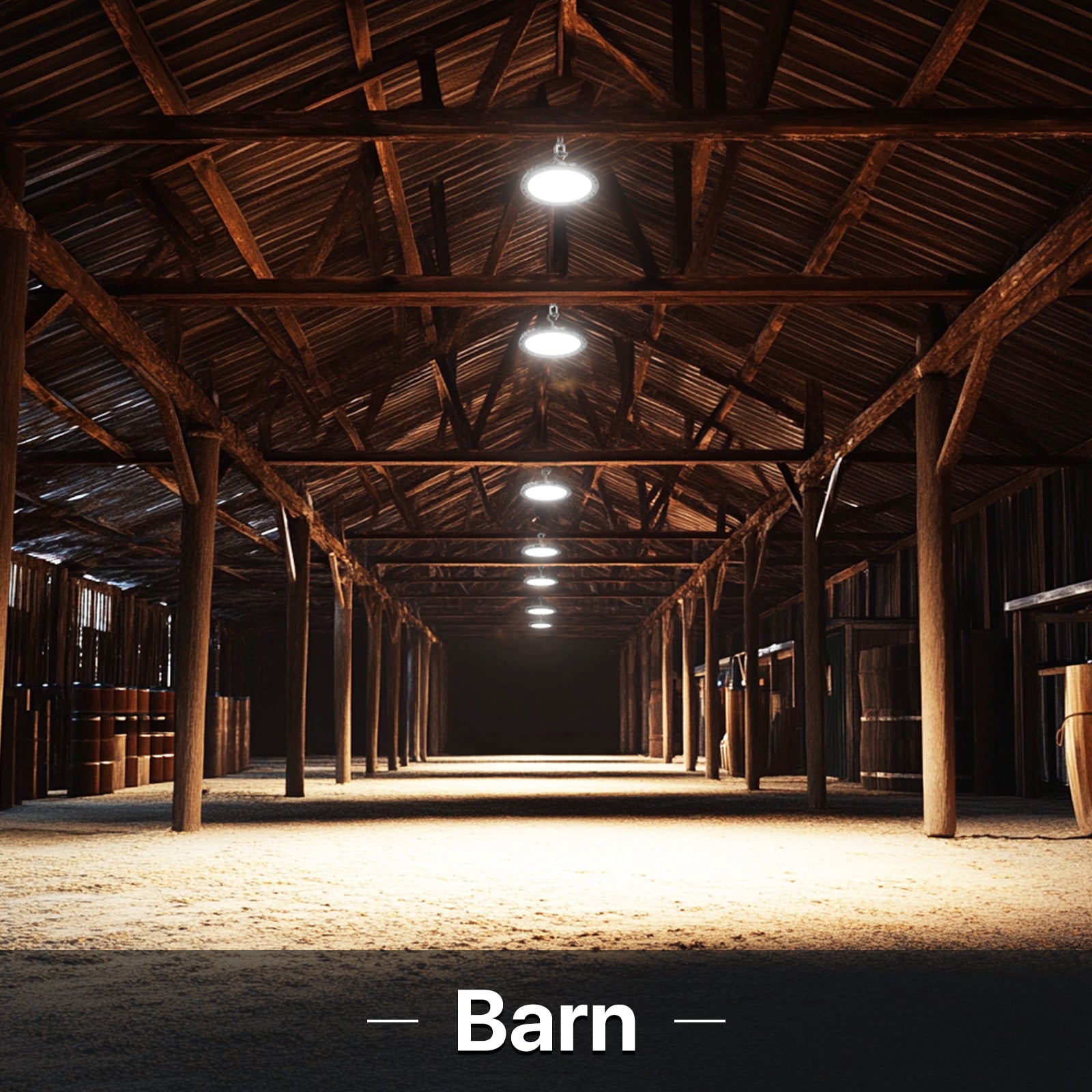Barn interior with Hyperlite LED high bay lights