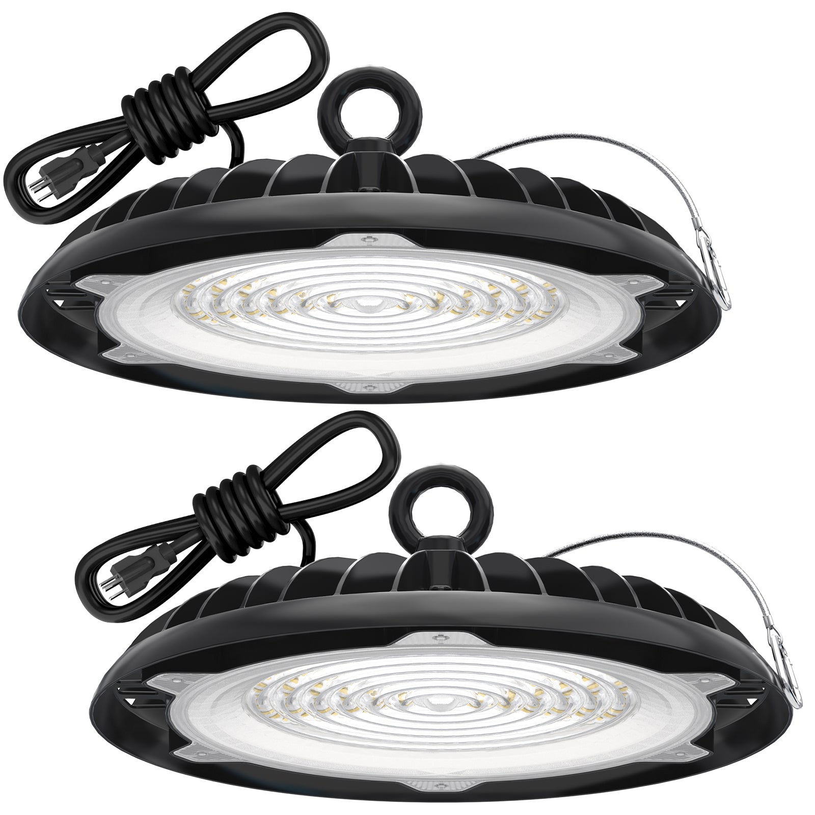 Two HYPERLITE UFO LED High Bay Lights with power cords