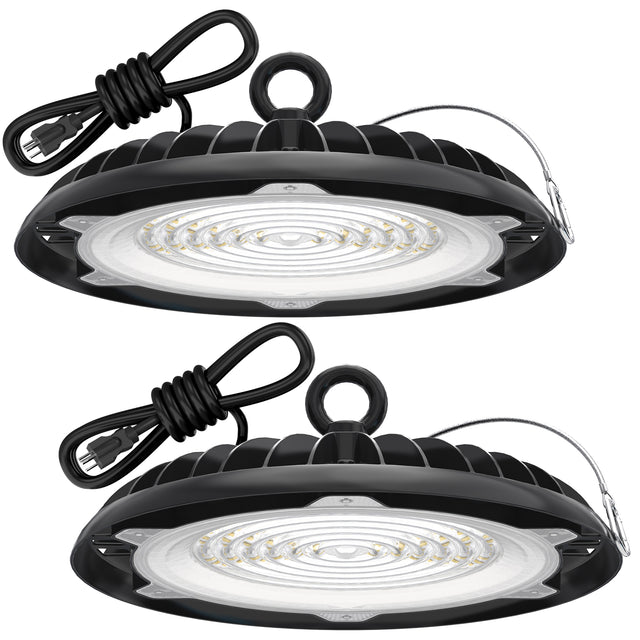 Two HYPERLITE UFO LED High Bay Lights with power cords