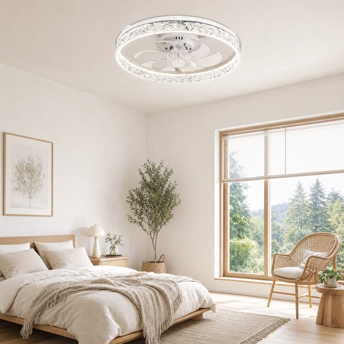 20" Crystal LED Ceiling Fan – App/Remote, 3-Color Dimmable, 6 Speeds, Timer, Reversible, Low-Profile Flush Mount