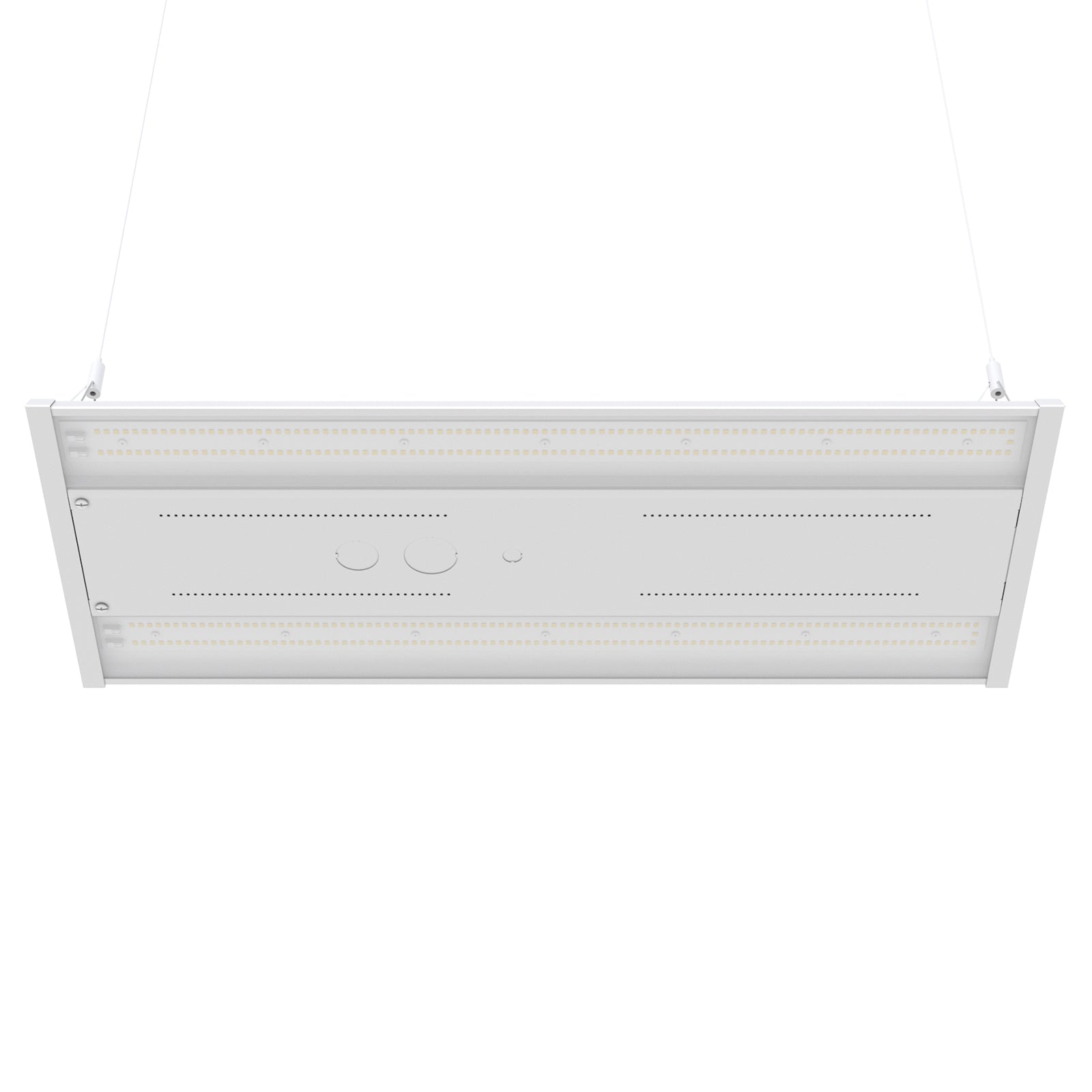 White linear high bay LED light with pendant mount
