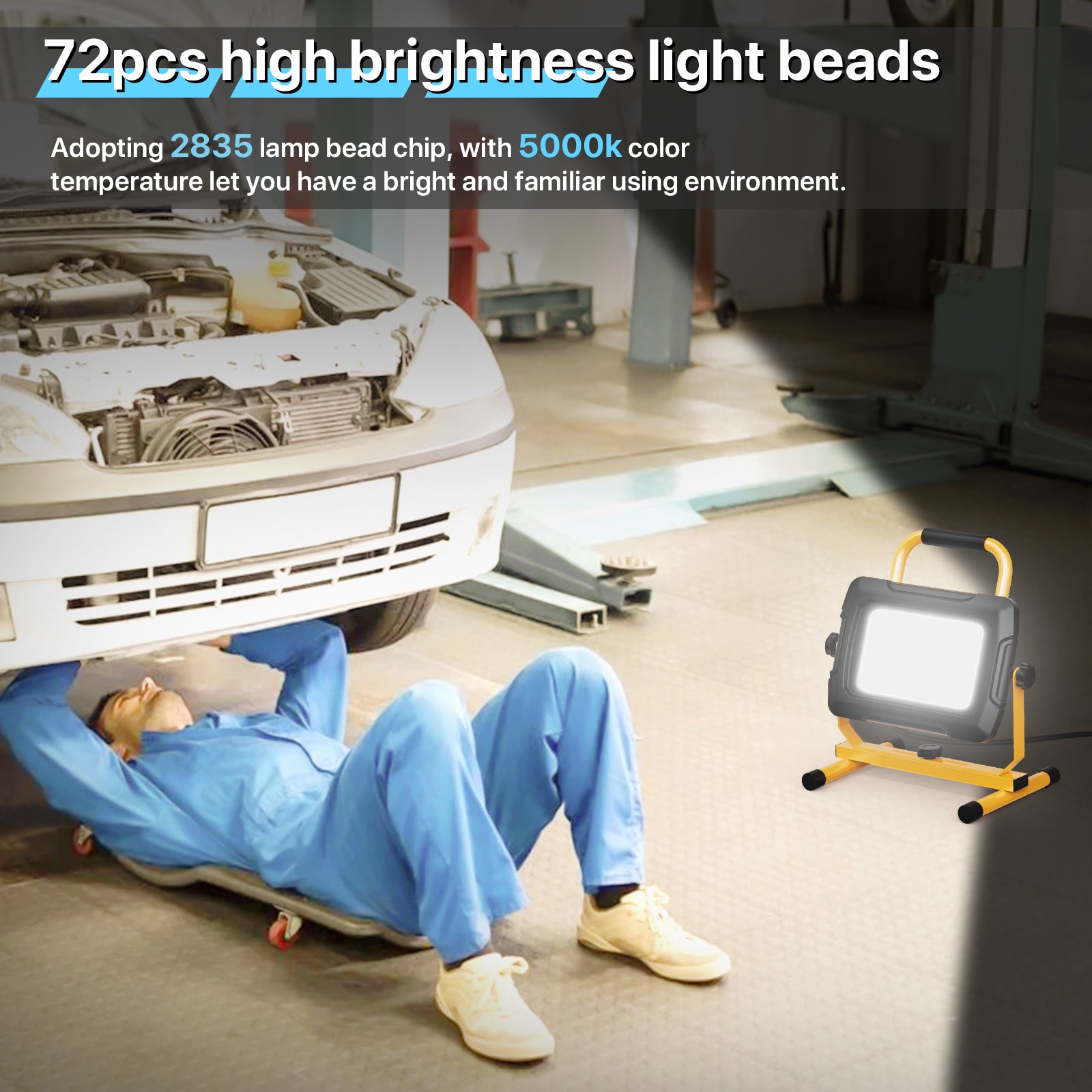 LED work light illuminating a car mechanic