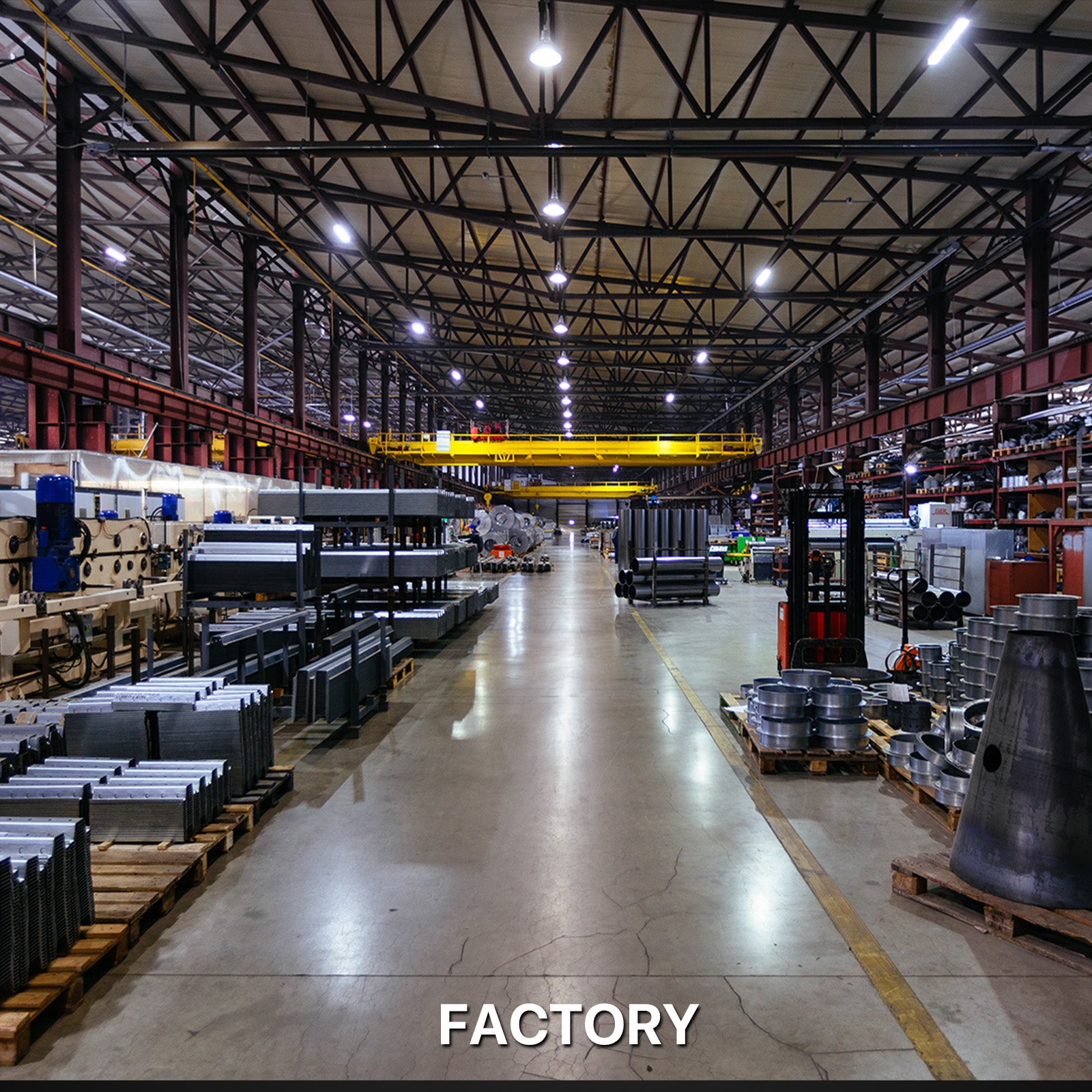 Factory interior with high bay lights