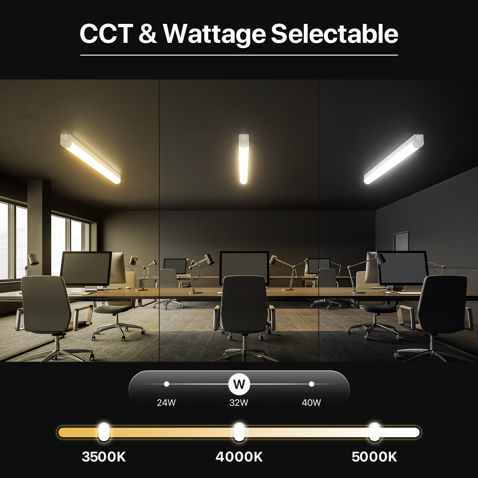 Hyperlite 4FT LED Linear Strip Light Fixture with CCT and wattage selectable options