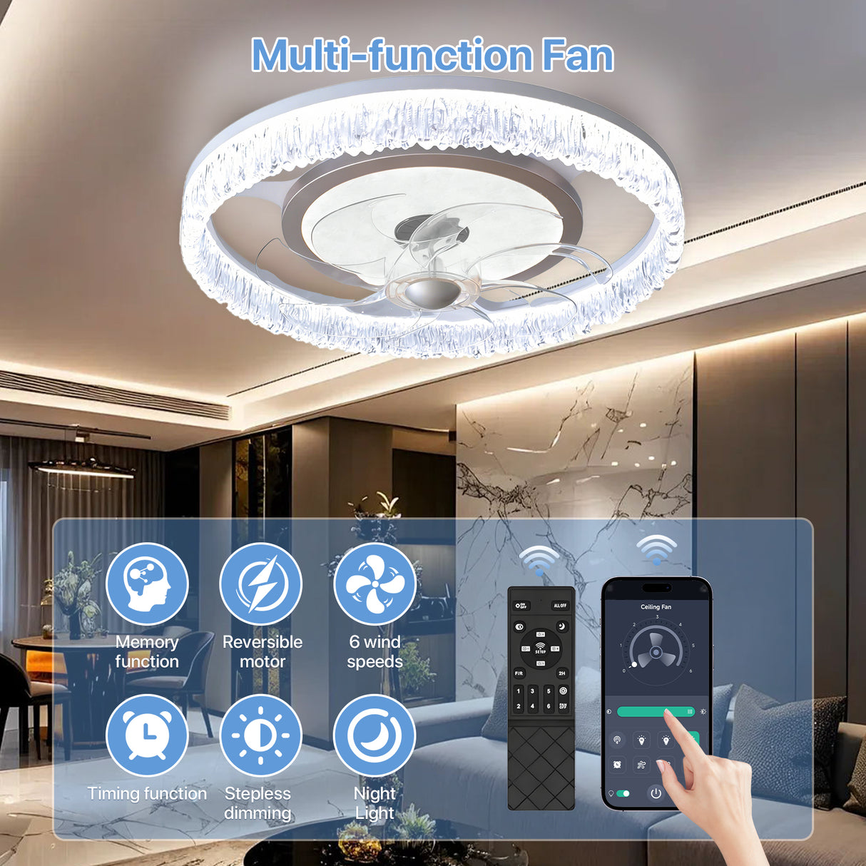 Flush-Mount LED Ceiling Fan with Light – Remote, 3-Color CCT, 6 Speeds
