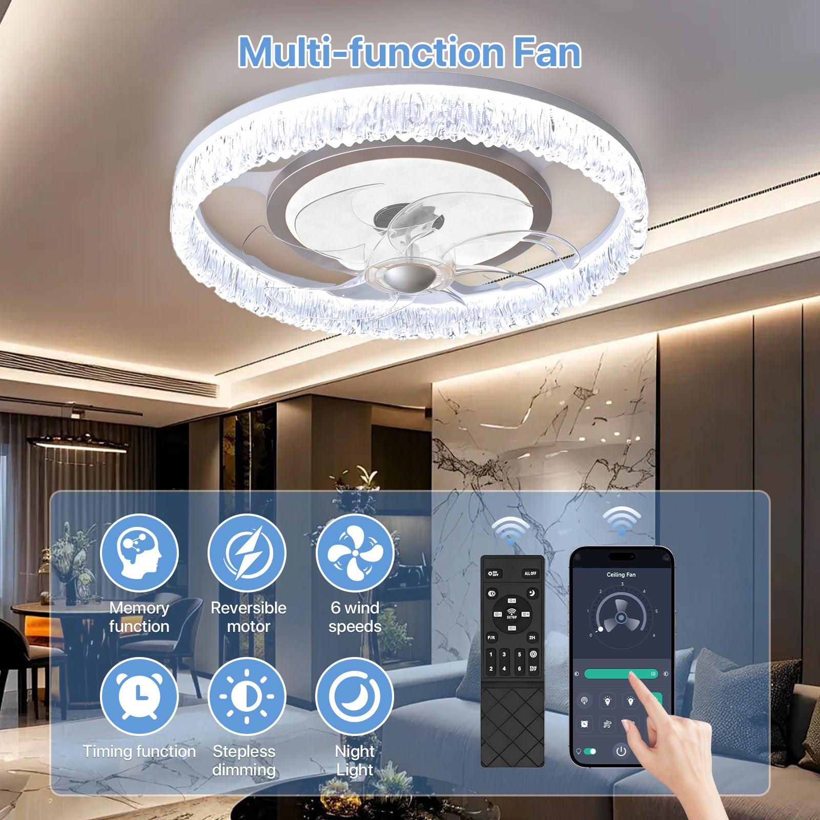 Flush-Mount LED Ceiling Fan with Light – Remote, 3-Color CCT, 6 Speeds