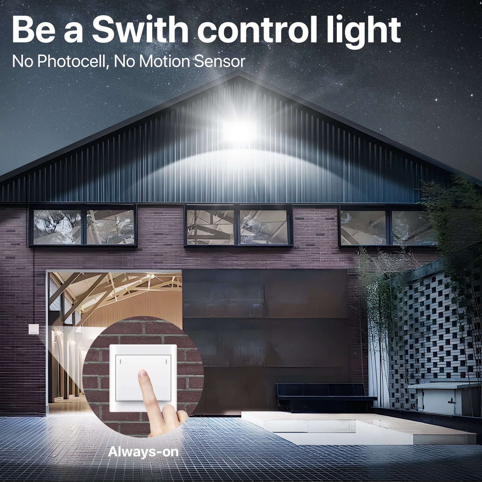 Hyperlite wall pack light controlled by a switch