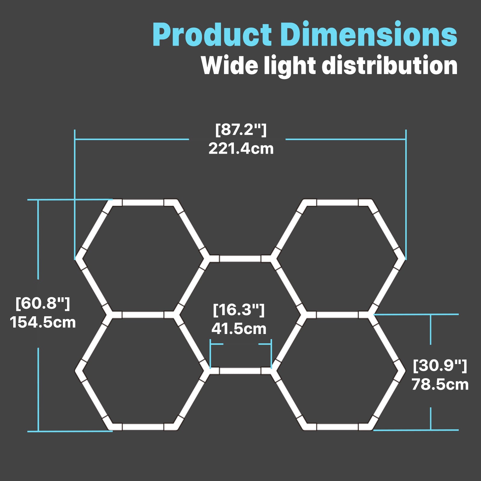 Hyperlite Hexagon Garage Lights system boasts an impressive overall width of 87.6 inches (222.5cm) and a height of 61.2 inches (155.45cm), with each individual light segment measuring 16.3 inches (41.45cm)