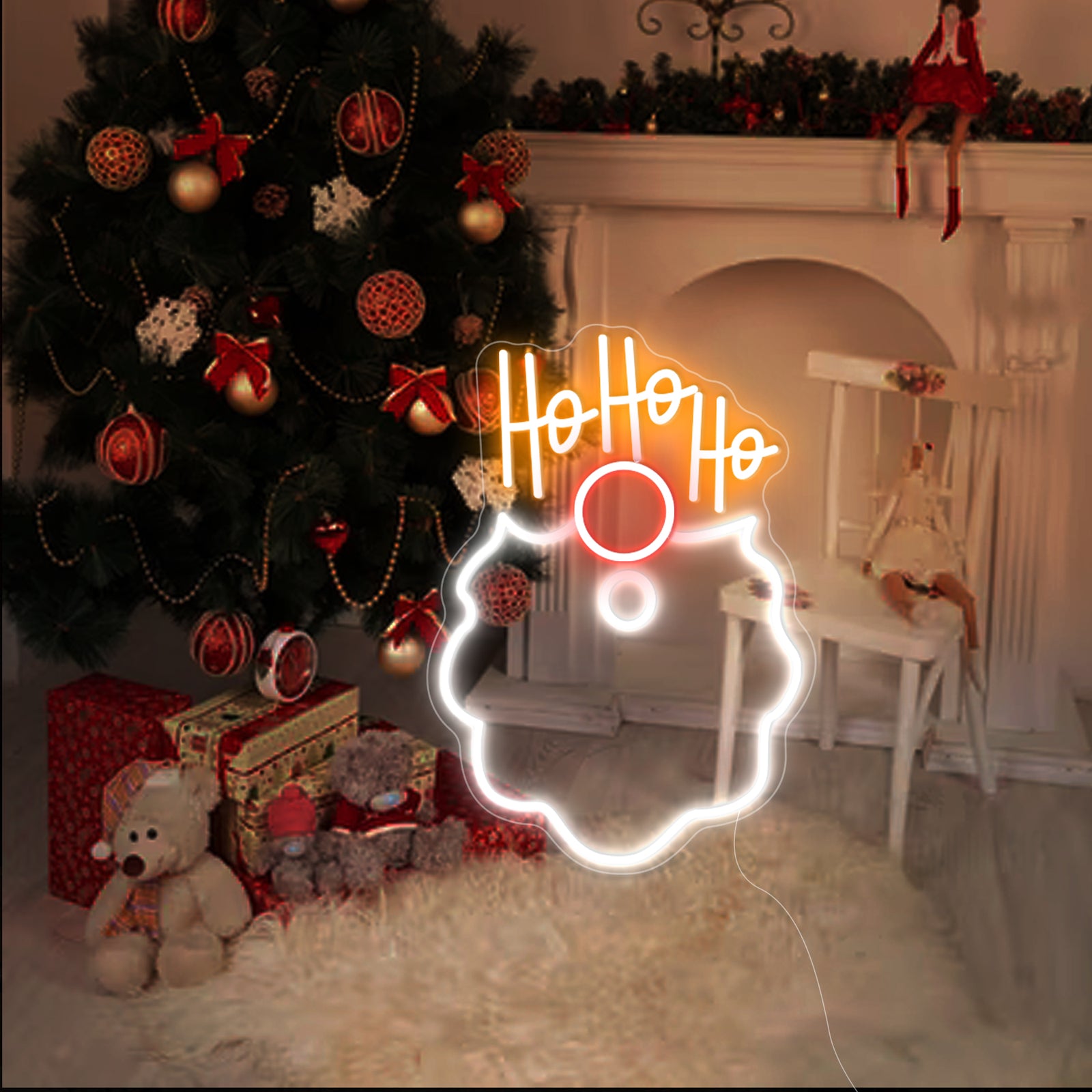 Christmas scene with HO HO HO neon sign