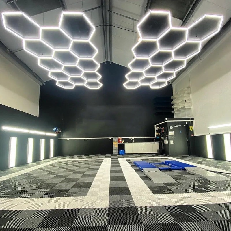 Hyperlite Hexagon Garage Lights Gen 2 - Installed in a car detailing bay