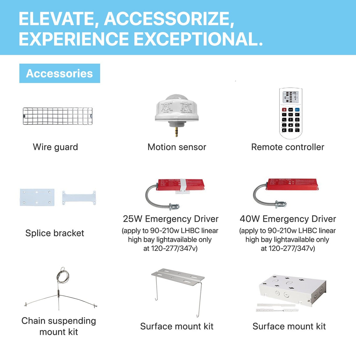 optional accessories for linear high bay lights: wire guard, motion sensor, remote controller, splice bracket, emergency, surface mount kit and pendant mount kit.