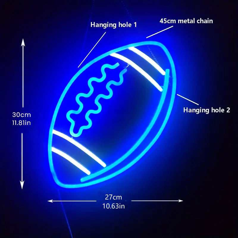 Blue neon football sign with hanging chain