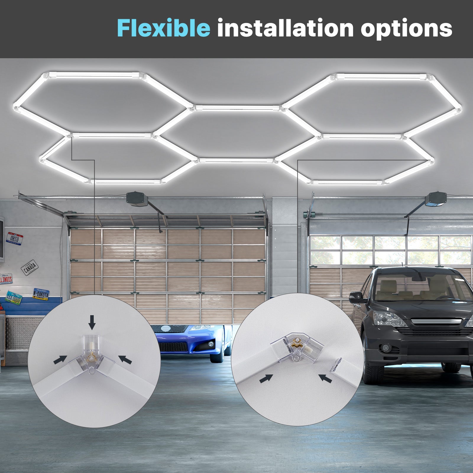 Hexagon garage lights installed on ceiling showing flexible installation options with connector close-ups.
