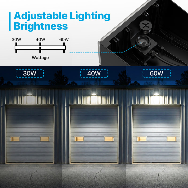 Lighting fixture with adjustable brightness feature shown in a garage setting