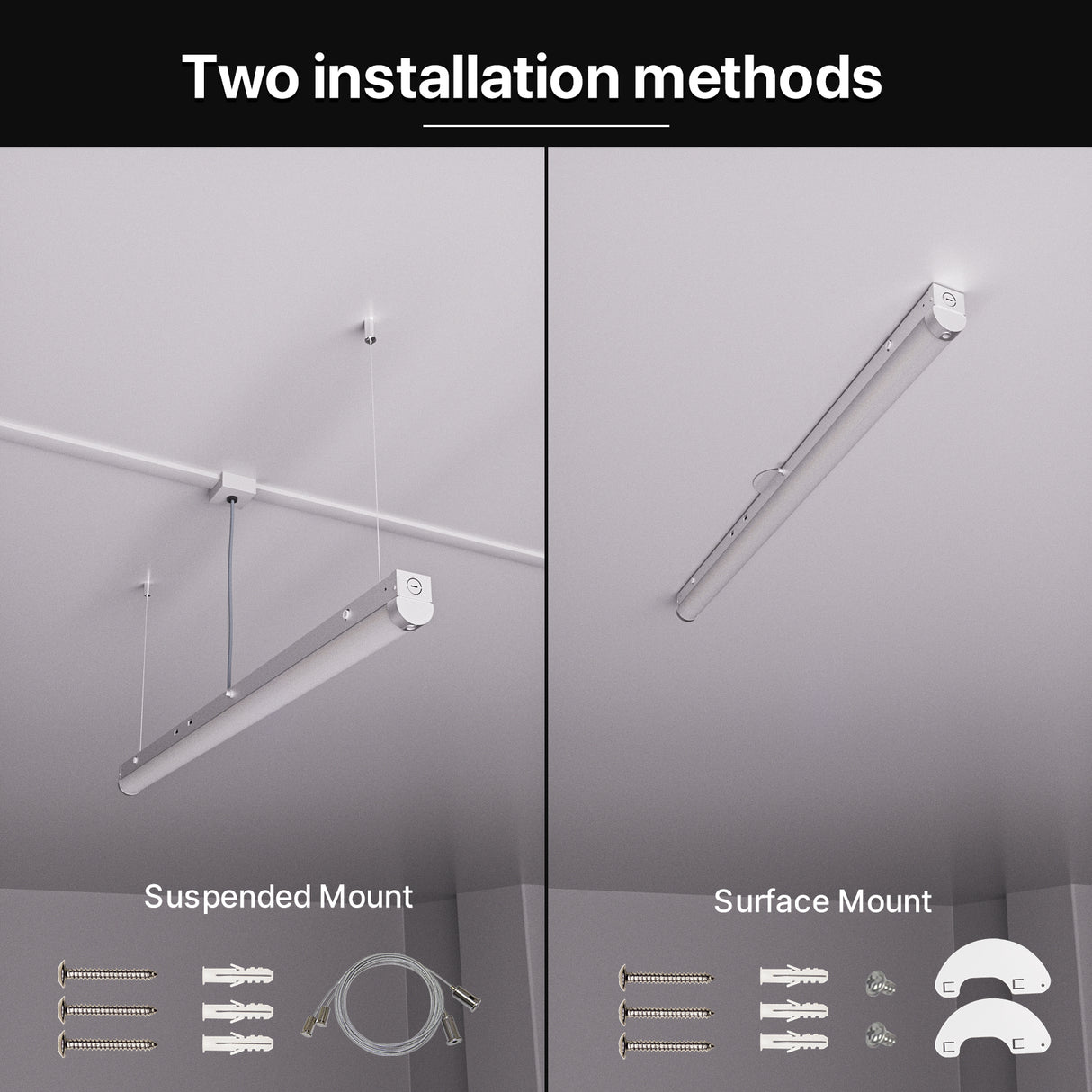 Hyperlite LED linear strip light fixture installation options,suspended and surface mount