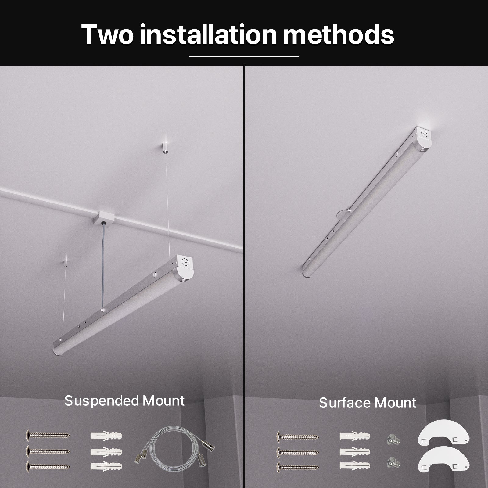 Hyperlite LED linear strip light fixture installation options,suspended and surface mount