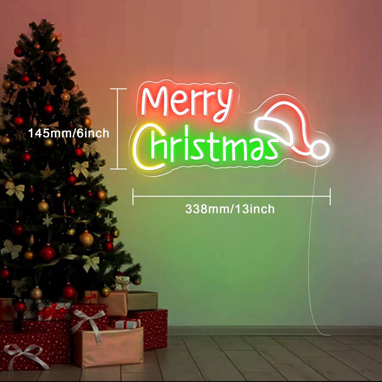 Merry christmas with santa hat neon dimensions