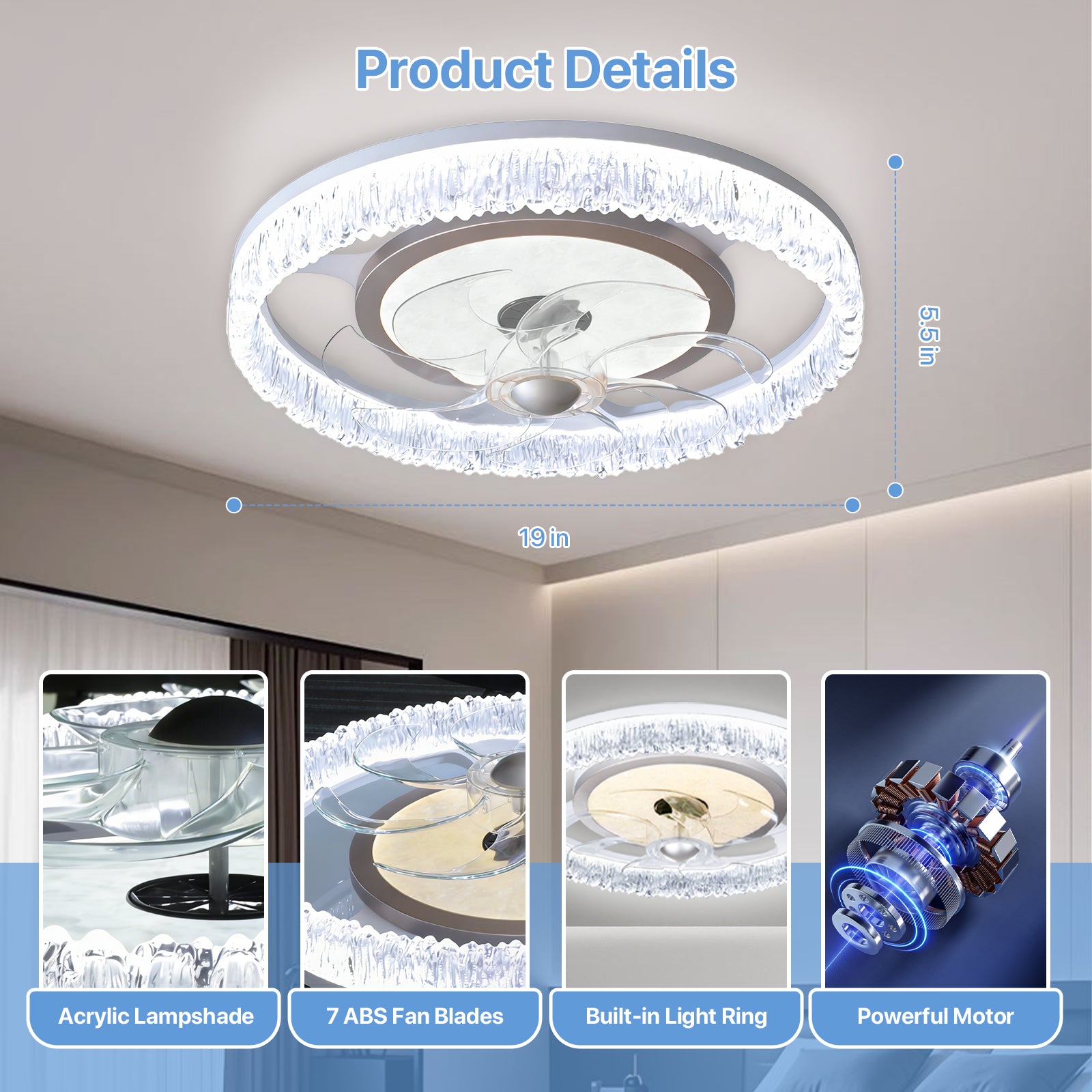 Flush-Mount LED Ceiling Fan with Light – Remote, 3-Color CCT, 6 Speeds