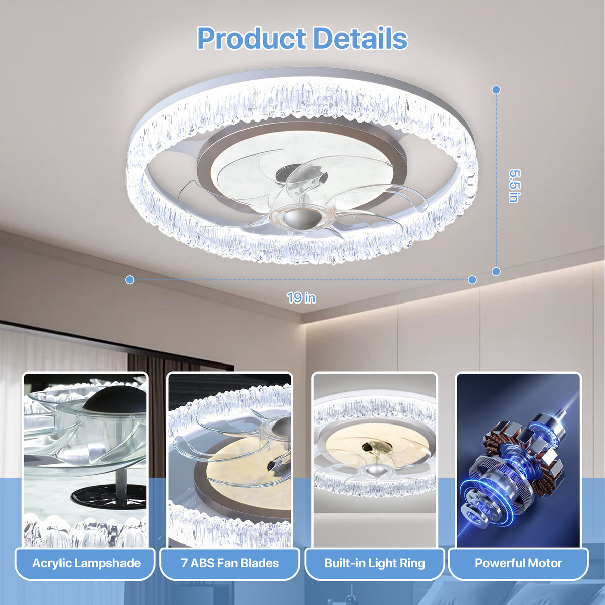 Flush-Mount LED Ceiling Fan with Light – Remote, 3-Color CCT, 6 Speeds