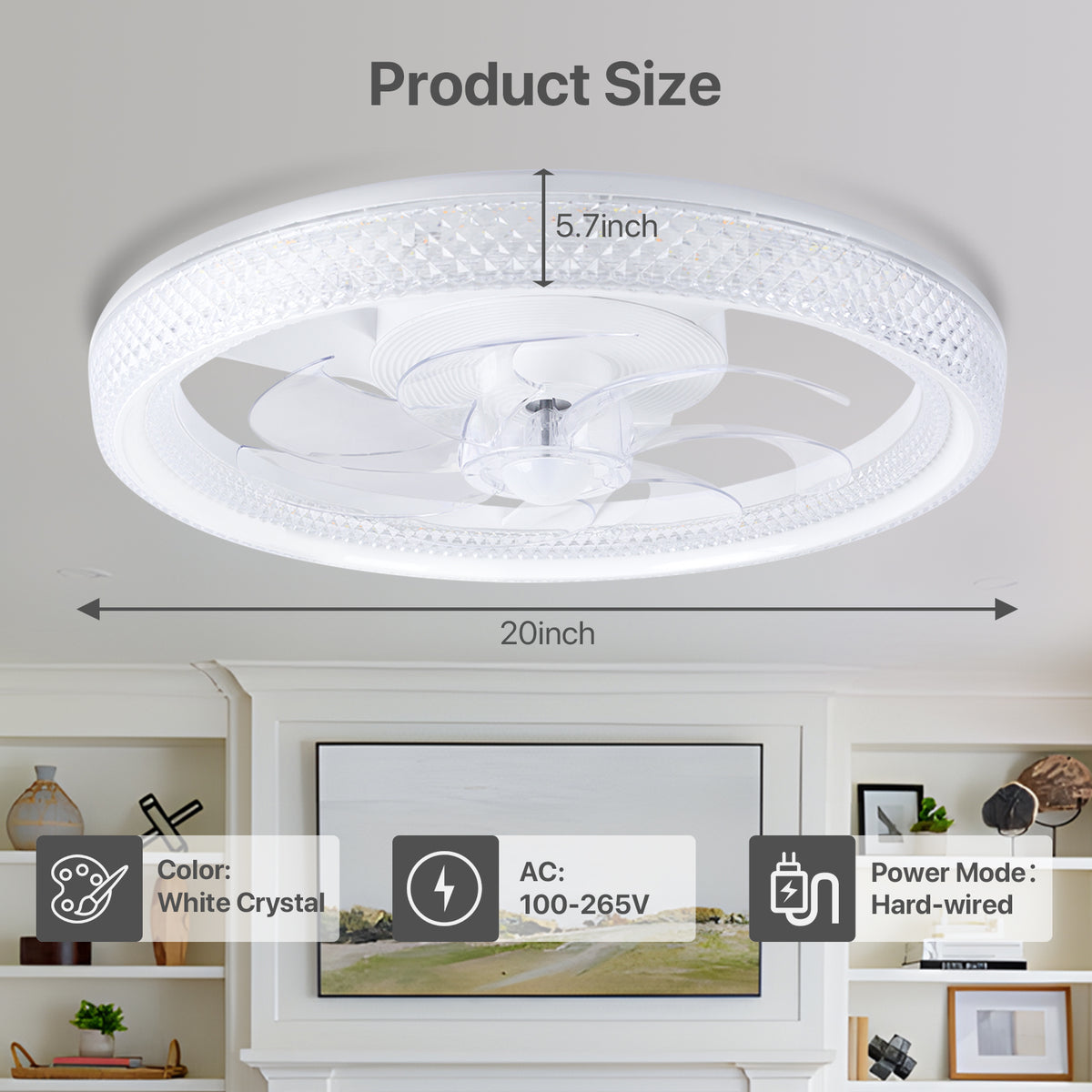 20" Flush-Mount Bladeless Ceiling Fan – Remote, Stepless Dimming 3000K-6500K, 6 Speeds, Modern.