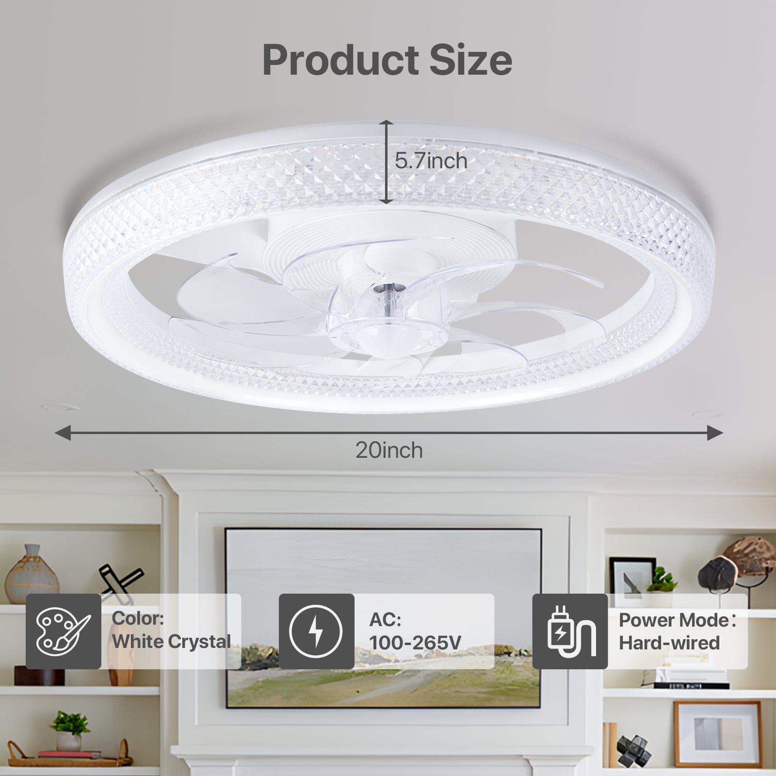 20" Flush-Mount Bladeless Ceiling Fan – Remote, Stepless Dimming 3000K-6500K, 6 Speeds, Modern.