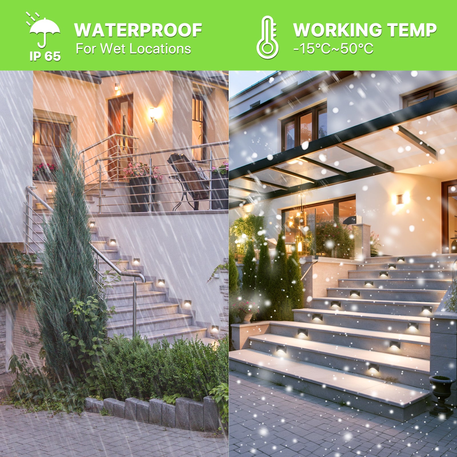 Glitgate 5CCT LED Step Lights installed outdoors, waterproof and working in various temperatures.