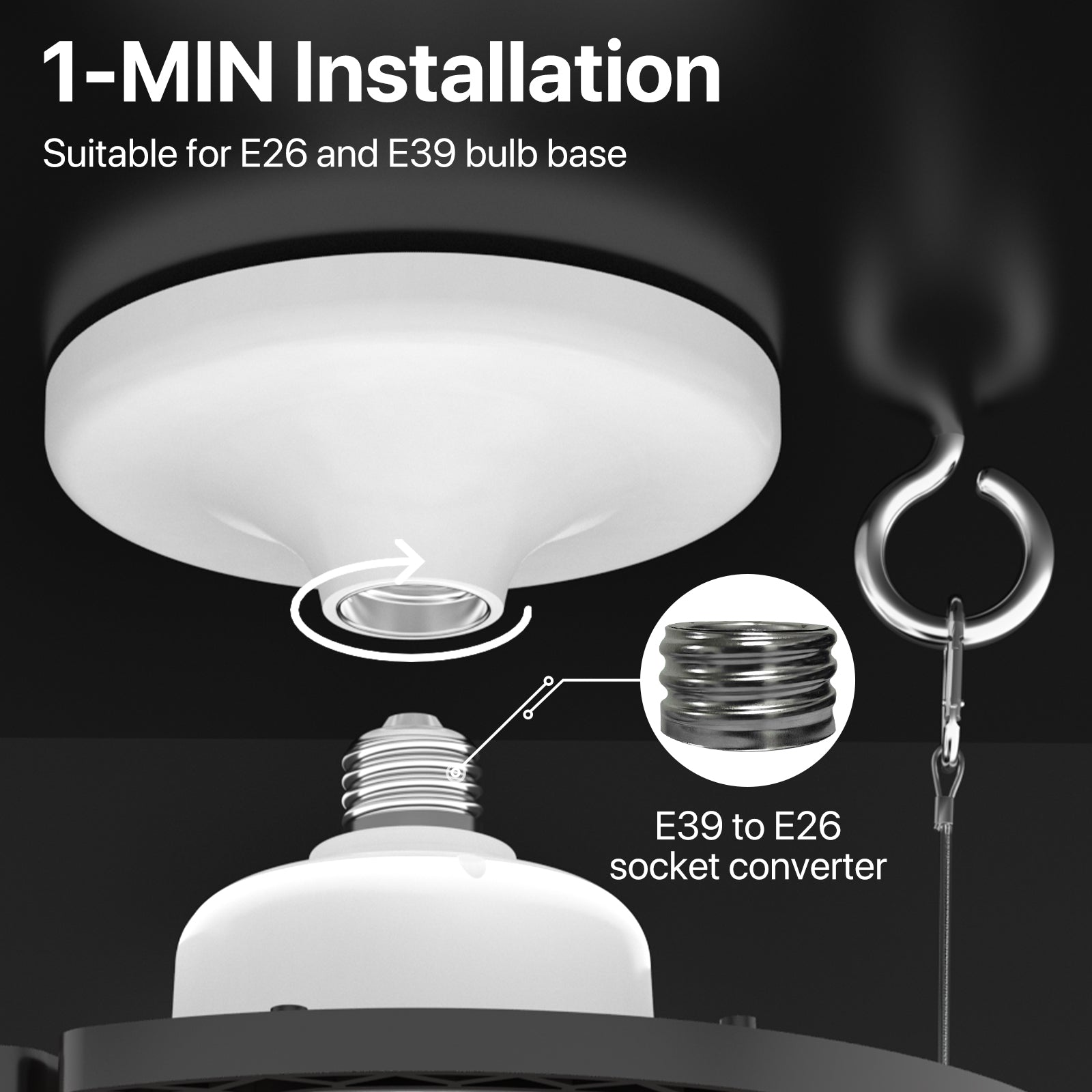 The led garage light only takes 1-MIN installtion.