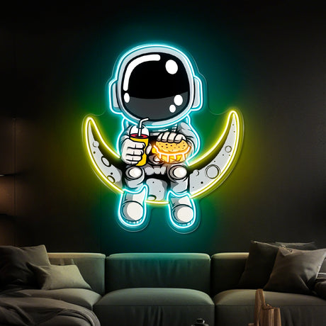 Astronaut sitting on the moon with hamburger and cola UV printed LED neon sign, vibrant wall decor for gaming rooms, custom LED signs, and unique personalized lighting.