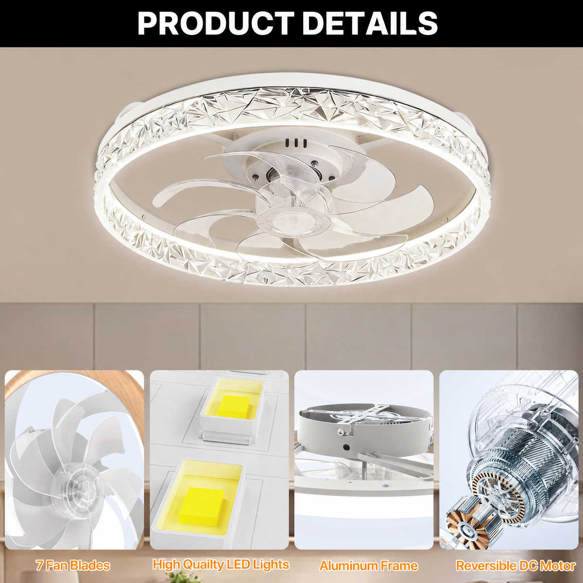 20" Crystal LED Ceiling Fan – App/Remote, 3-Color Dimmable, 6 Speeds, Timer, Reversible, Low-Profile Flush Mount