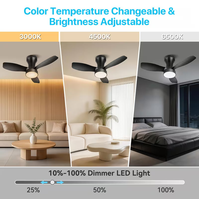 24" Low-Profile Black Ceiling Fan – Remote, Noiseless, 3000K-6500K Dimmable, 6 Speeds, Indoor/Outdoor