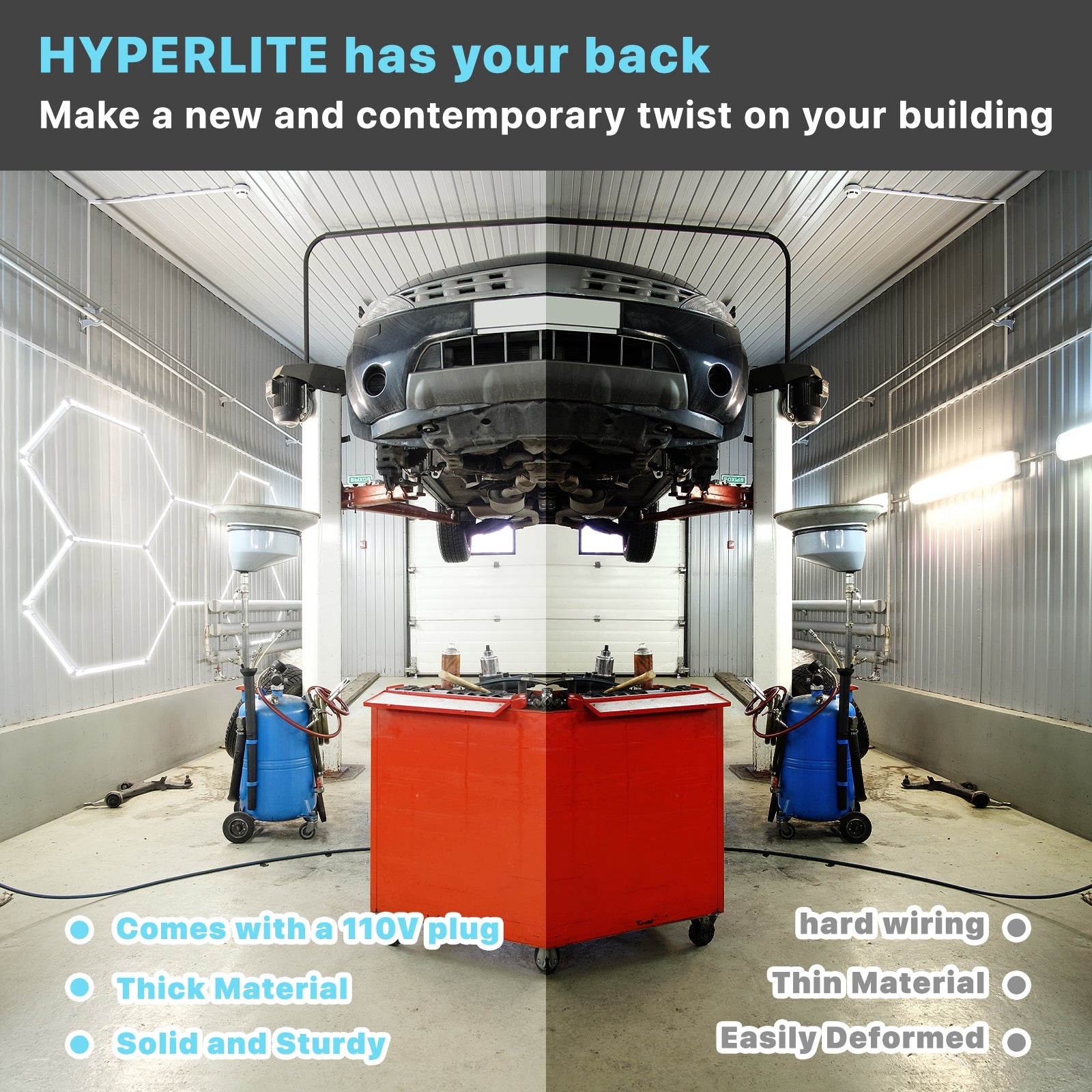 Hyperlite Hexagon Lights illuminating an auto shop
