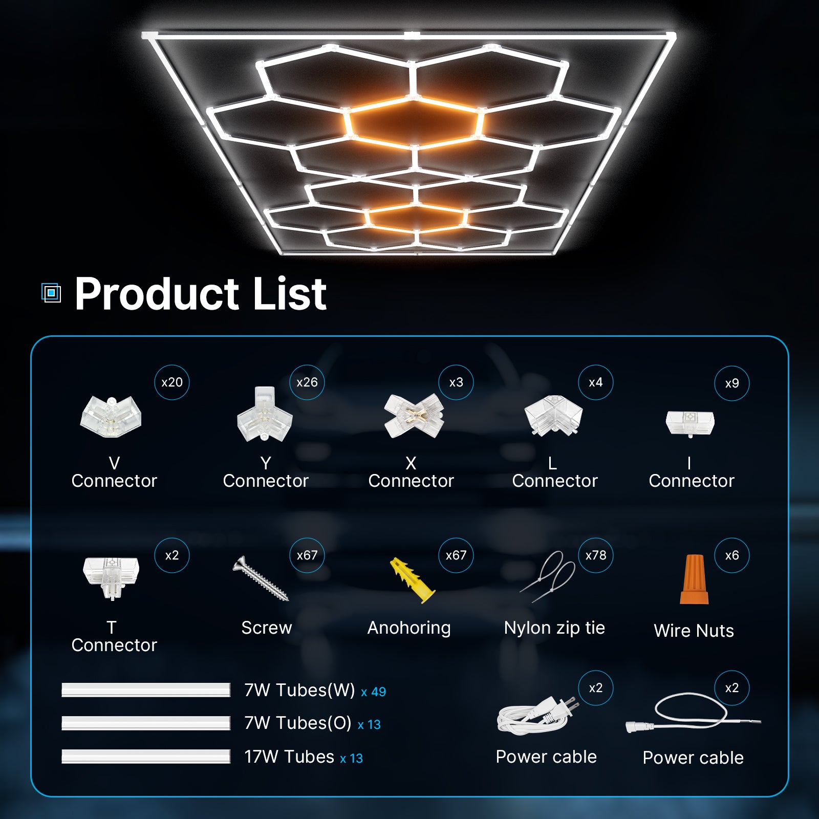 Hexagon LED lights with frame detail