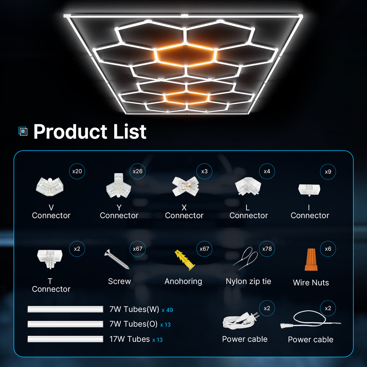 Hexagon LED lights with frame detail