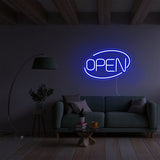 Blue Open Neon Sign Light in dark